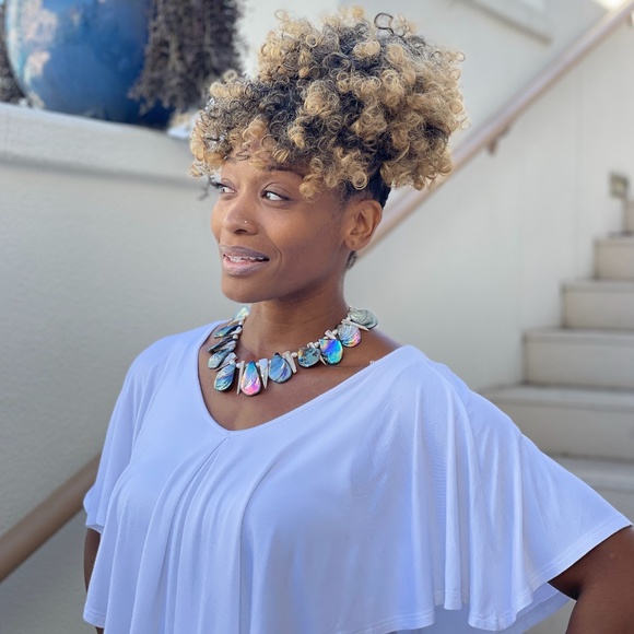 Iridescent Blue Shell Beaded Necklace w/ Tan Shell Pieces - Picture 1 of 6